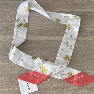 Coach White and Coral silk skinny Scarf with Tropical Design